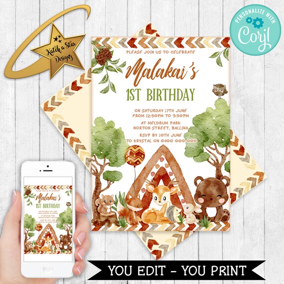 Woodland boho tribal animals, fox, owl, deer, squirrel birthday party, baby shower Editable & Printable Invitation Template download DIY Il_570xn