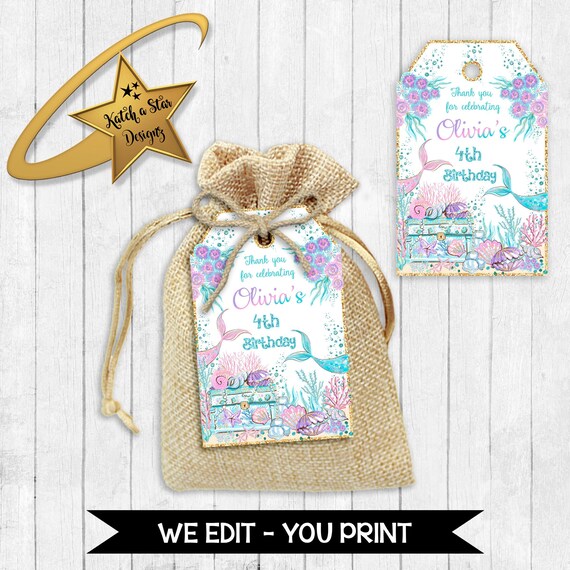 Mermaid / mermaids tail / treasure chest / under the sea birthday party personalised digital thank you tags - you print Il_570xn