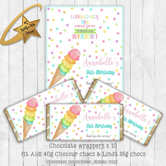 Ice cream watercolor birthday party personalised chocolate wrappers x 10 Il_570xn