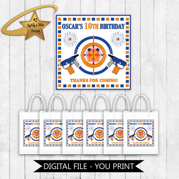 Nerf Gun wars laser Game on! birthday party personalised digital square stickers/tags - you print Il_570xn