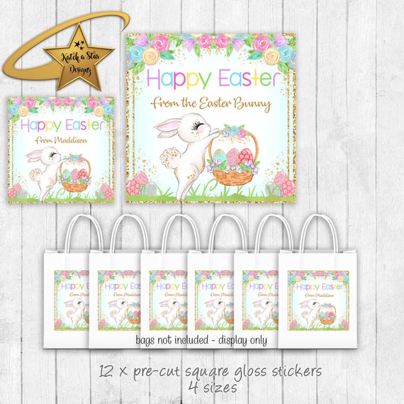 Easter Bunny Easter Egg hunt personalised square gloss stickers x 12 Il_570xn