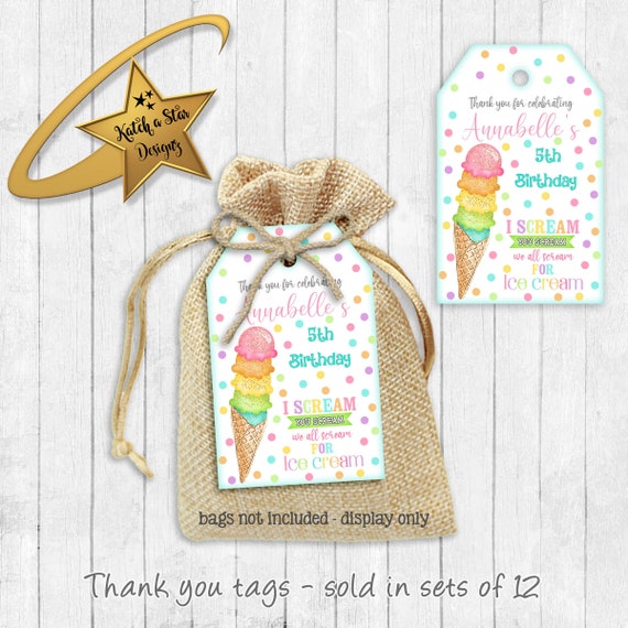 Ice cream watercolor birthday party personalised thank you tags x 12 Il_570xn