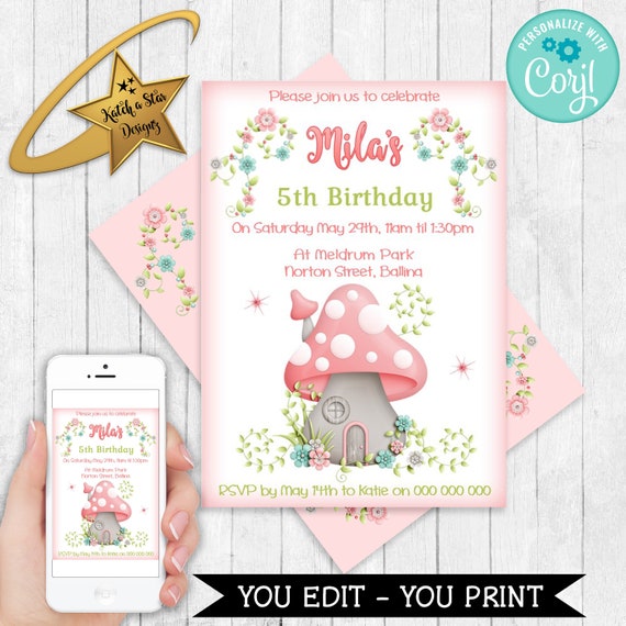 Fairy fairies toadstool birthday party Editable & Printable birthday party Invitation Template download DIY Il_570xn