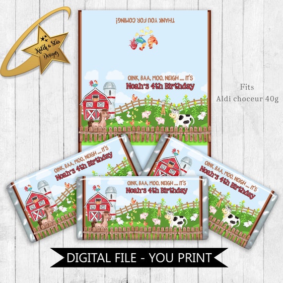 Farmyard farm animals boys birthday party personalised digital chocolate wrappers - you print Il_570xn