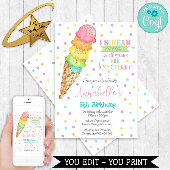 Ice cream watercolor birthday party Editable & Printable Invitation Template download DIY Il_570xn