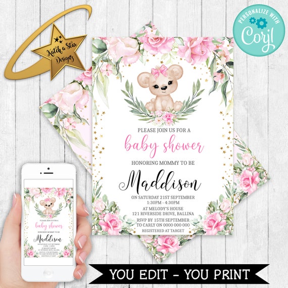 Teddy bear girl, floral greenery baby shower, 1st Birthday Editable & Printable Invitation Template download DIY Il_570xn