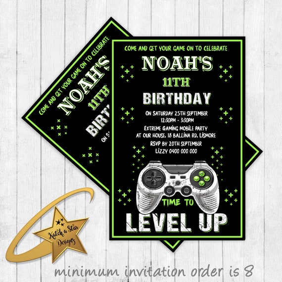 Gamer gaming level up (choose colour) personalised birthday party invitations (printed or digital) Il_570xn