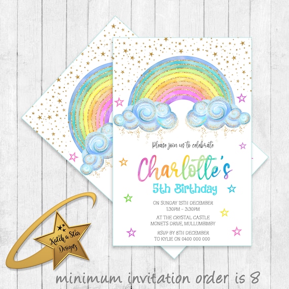 Rainbow watercolor birthday party personalised invitations Il_570xn