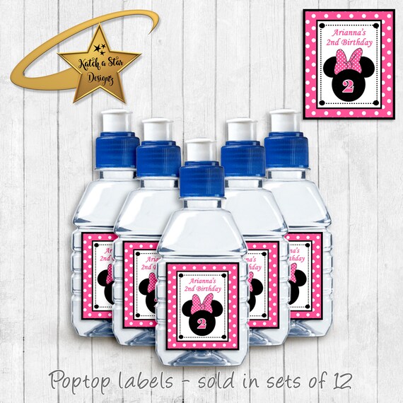 Minnie Mouse ears dark pink polka dots birthday party personalised gloss pop top drink label stickers x 12 (or digital) Il_570xn