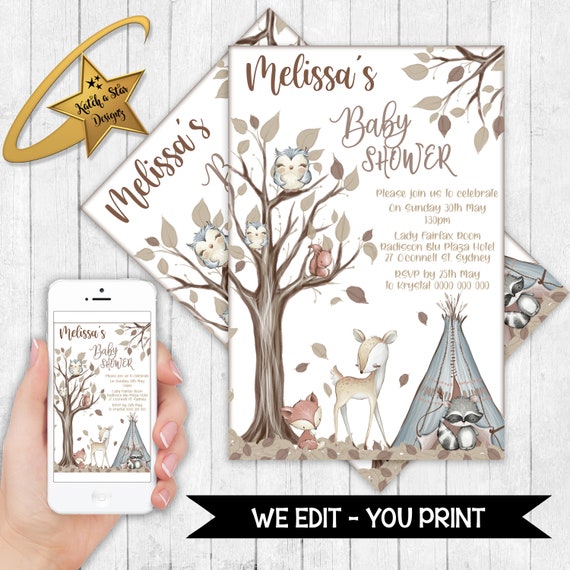 Woodland forest animals, fox, owl, deer, squirrel baby shower personalised digital invitation - you print Il_570xn