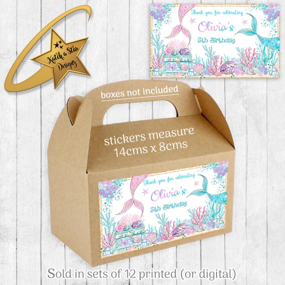 Mermaid / mermaids tail / treasure chest / under the sea personalised birthday PARTY BOX label stickers x 12 (or digital) Il_570xn