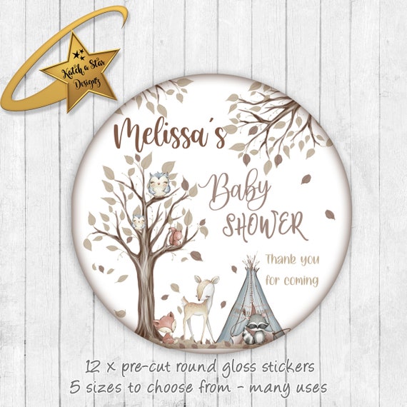 Woodland forest animals, fox, owl, deer, squirrel baby shower personalised party round gloss stickers x 12 Il_570xn