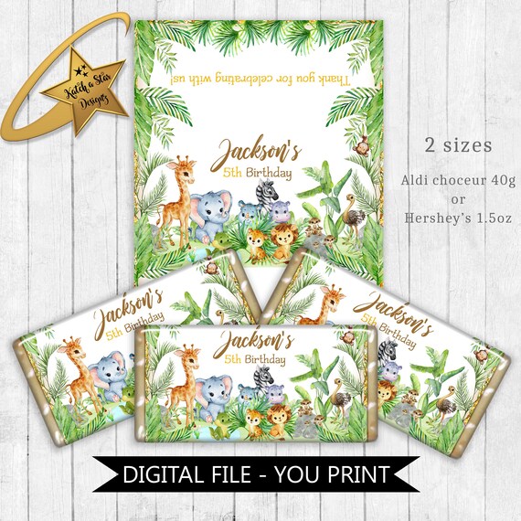 Jungle animals safari jungle birthday party personalised digital chocolate wrappers - you print Il_570xn