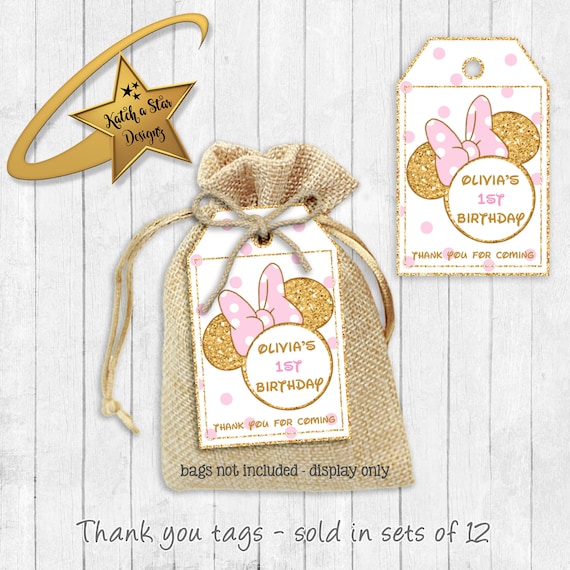 Minnie Mouse pink polka dots personalised birthday party thank you tags x 12 (or digital) Il_570xn