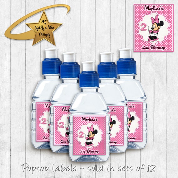 Minnie Mouse dark pink polka dots birthday party personalised gloss pop top drink label stickers x 12 (or digital) Il_570xn