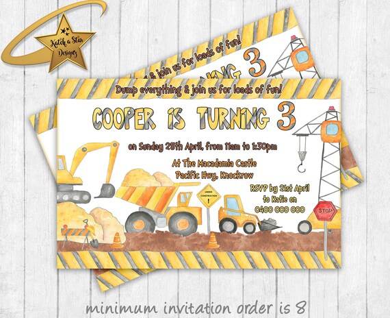 Construction party digger excavator personalised birthday party invitations (printed or digital) Il_570xn