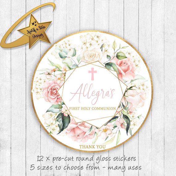 Roses & Gold floral 1st holy communion personalised birthday party round gloss stickers x 12 Il_570xn