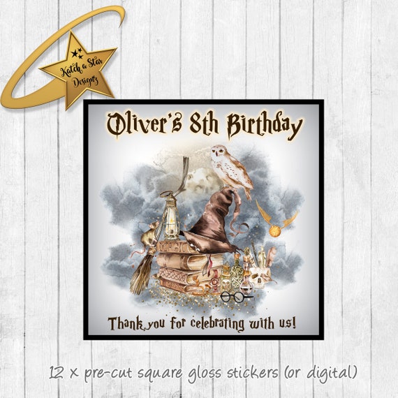 Harry Potter birthday party personalised square gloss stickers x 12 (or digital) Il_570xn