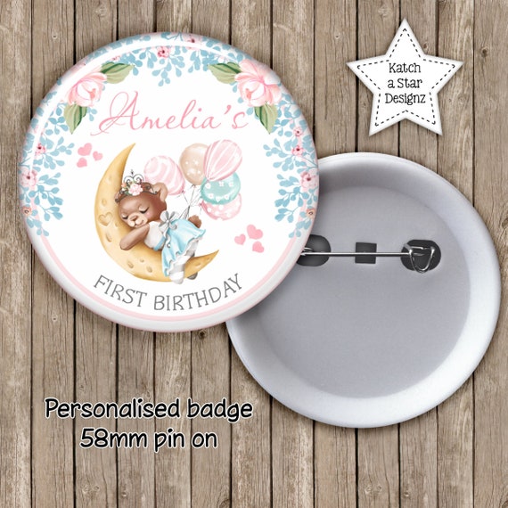 Floral Teddy bear princess girls 1st birthday personalised gloss pin on badge x 1 Il_570xn