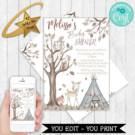 Woodland forest animals, fox, owl, deer, squirrel baby shower party Editable & Printable birthday party Invitation Template download DIY Il_570xn