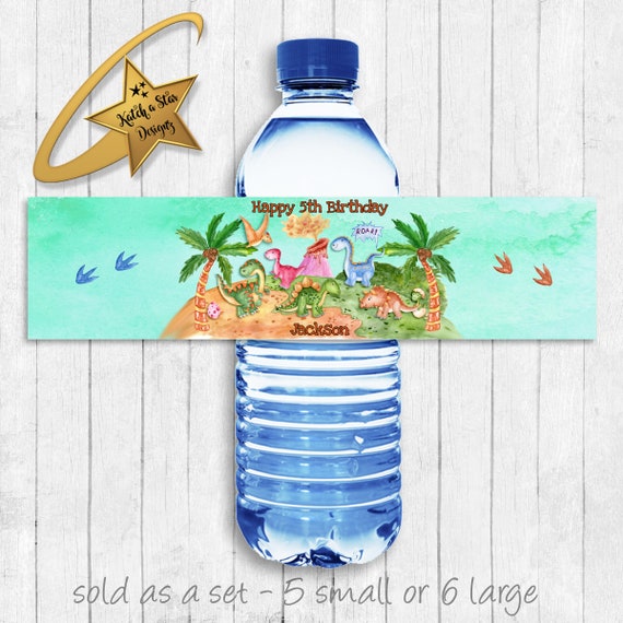 Dinosaur water colour birthday personalised party water bottle labels x 5 (or digital) Il_570xn