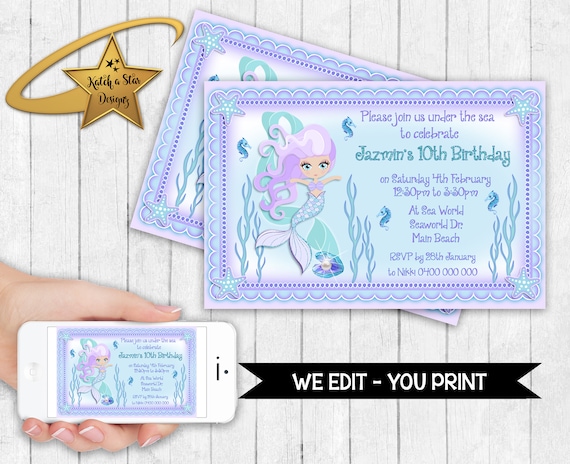 Mermaid under the sea birthday party personalised digital invitation - you print Il_570xn
