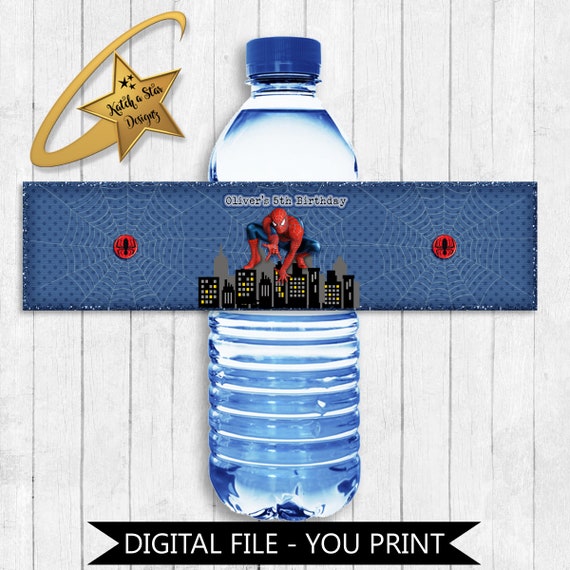 Spiderman birthday party personalised digital water bottle labels - you print Il_570xn