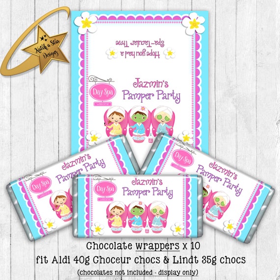 Pamper day spa party birthday personalised party chocolate wrappers x 10 (or digital) Il_570xn