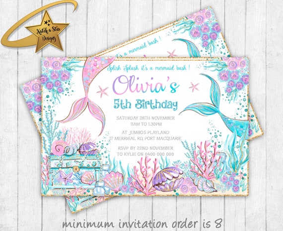 Mermaid / mermaids tail / treasure chest / under the sea birthday party personalised party invitations (printed or digital) Il_570xn