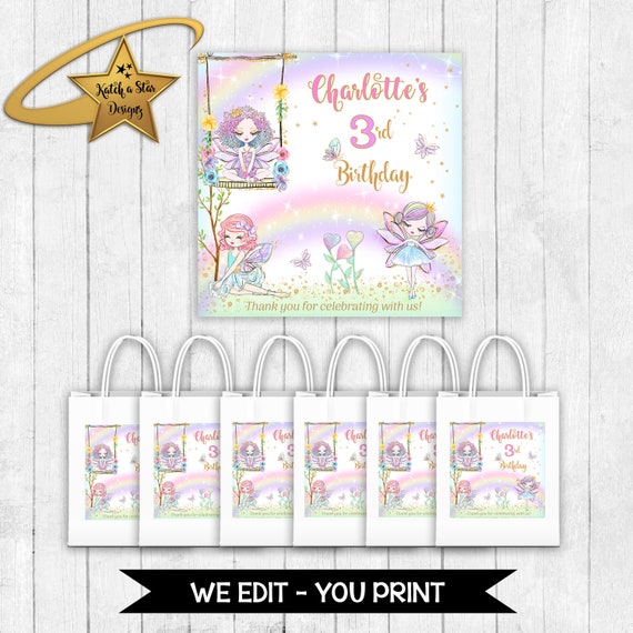 Fairy fairies rainbow birthday party personalised digital square stickers/tags - you print Il_570xn