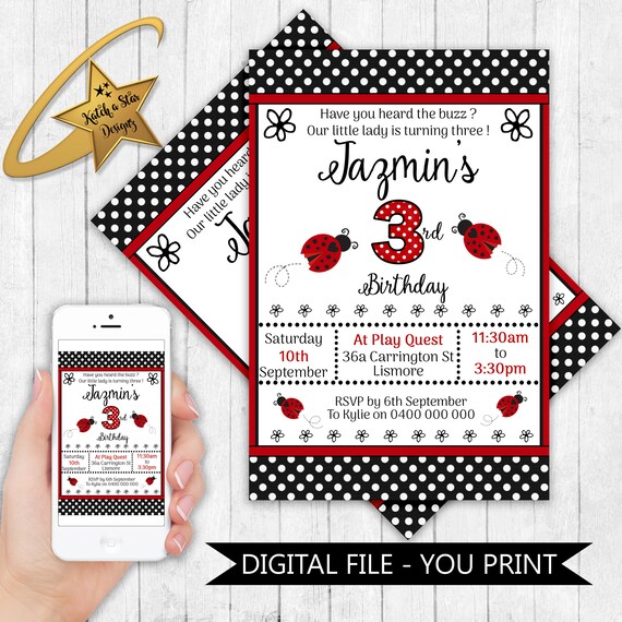 Ladybug lady beetle birthday party personalised invitations - DIGITAL ONLY Il_570xn