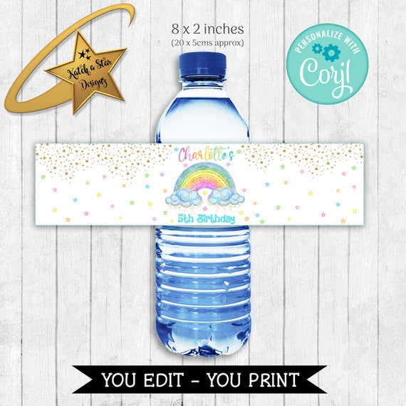 Rainbow watercolor birthday party editable & Printable water bottle label Template download DIY Il_570xn