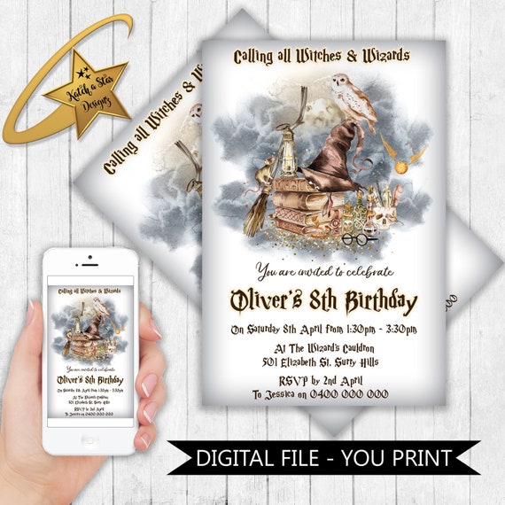 Wizard School, Harry Potter, magician, birthday party personalised digital invitation - you print Il_570xn
