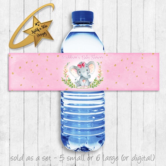 Elephant girl baby shower party personalised water bottle labels x 5 (or digital) Il_570xn