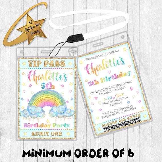 Rainbow double sided personalised birthday party lanyard invitation x 1 (minimum order 6) by ...