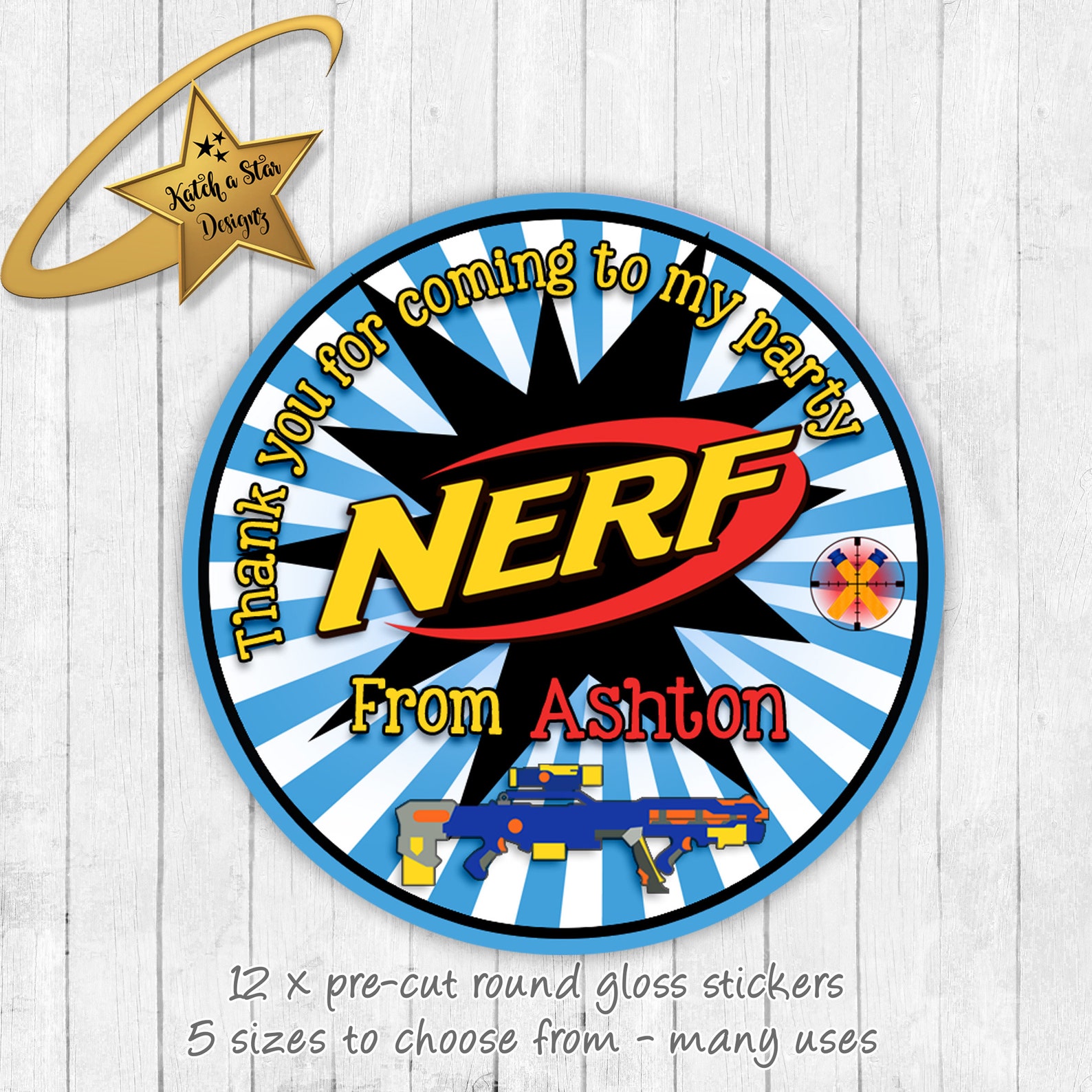 Nerf War Personalised Round Gloss Birthday Party Stickers X 12 Etsy