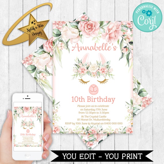 Llama Alpaca floral roses greenery birthday party - wedding - shower - personalised party Editable Invitation Template download DIY Il_570xn