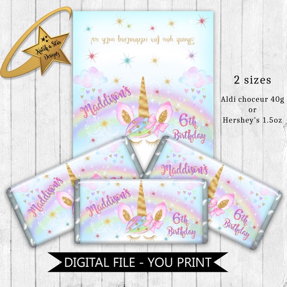 Rainbow unicorn birthday party personalised digital chocolate wrappers - you print Il_570xn