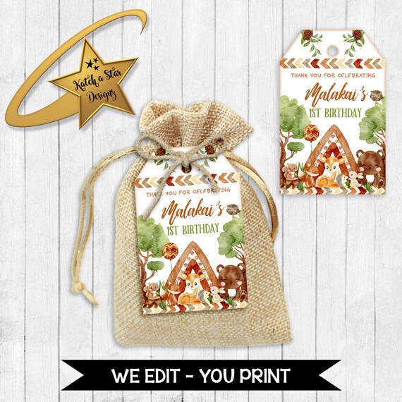 Woodland boho tribal animals, fox, owl, deer, squirrel, bear birthday party, baby shower personalised digital thank you tags - you print Il_570xn