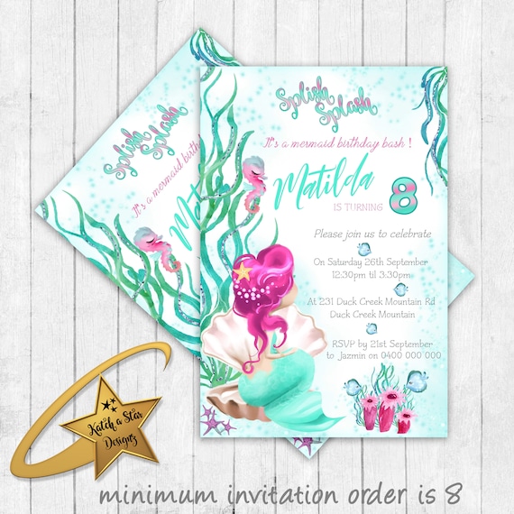 Mermaid girl under the sea splish splash personalised birthday party invitations Il_570xn