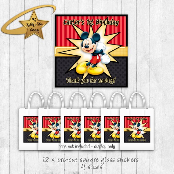 Boy Mouse red birthday party personalised square gloss stickers x 12 Il_570xn
