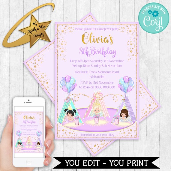 Glamping tent sleepover birthday party Editable & Printable birthday party Invitation Template download DIY Il_570xn