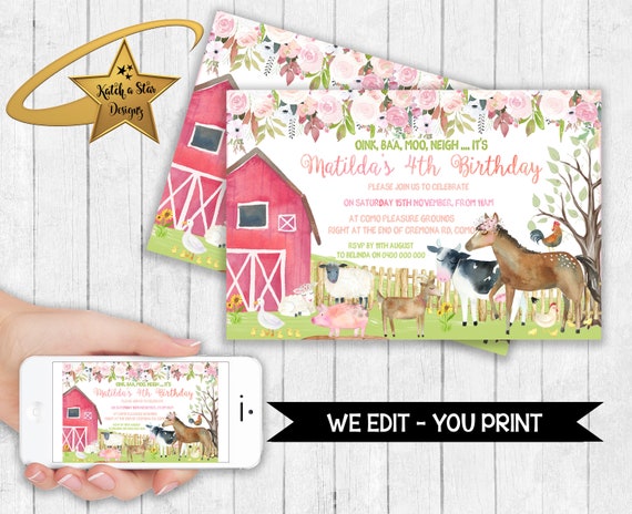 Farmyard farm animals girls birthday party personalised digital invitation - you print Il_570xn