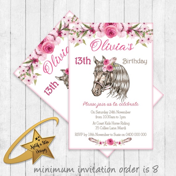 Boho floral horse pony riding personalised birthday party invitations Il_570xn
