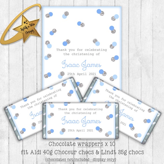 Blue & silver polka dots christening / baptism personalised birthday party chocolate wrappers x 10 (or digital) Il_570xn