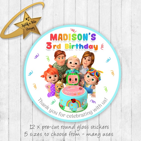 Cocomelon personalised round gloss birthday party stickers x 12 Il_570xn