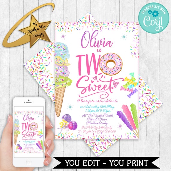 Two Sweet candy icecream 2nd birthday party Editable & Printable birthday party Invitation Template download DIY Il_570xn