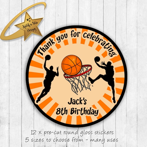 Basketball birthday party personalised round circle gloss stickers x 12 Il_570xn