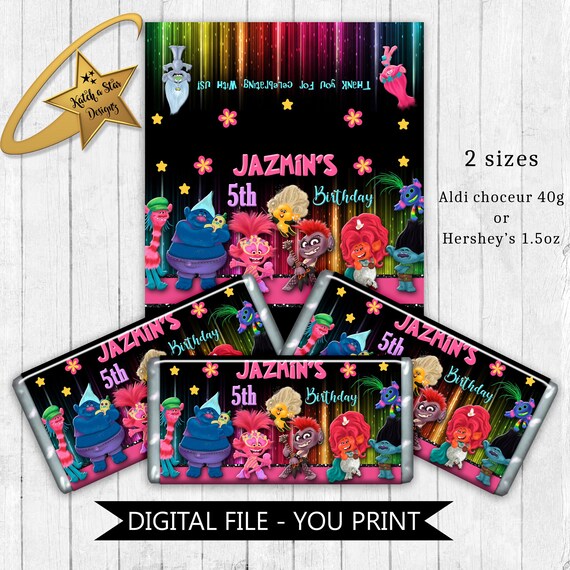 Trolls 2 birthday party personalised digital chocolate wrappers - you print Il_570xn
