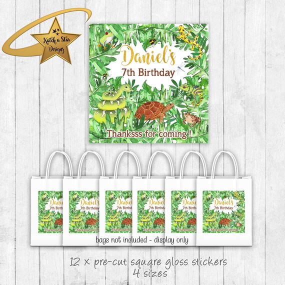 Reptile jungle birthday party personalised square gloss stickers x 12 (or digital) Il_570xn